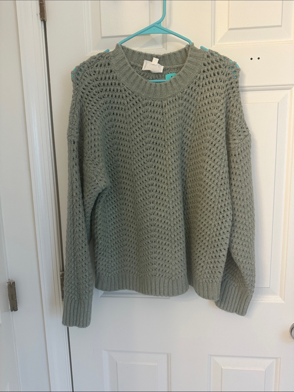 Open-Knit Crewneck Sweater in Sage Green